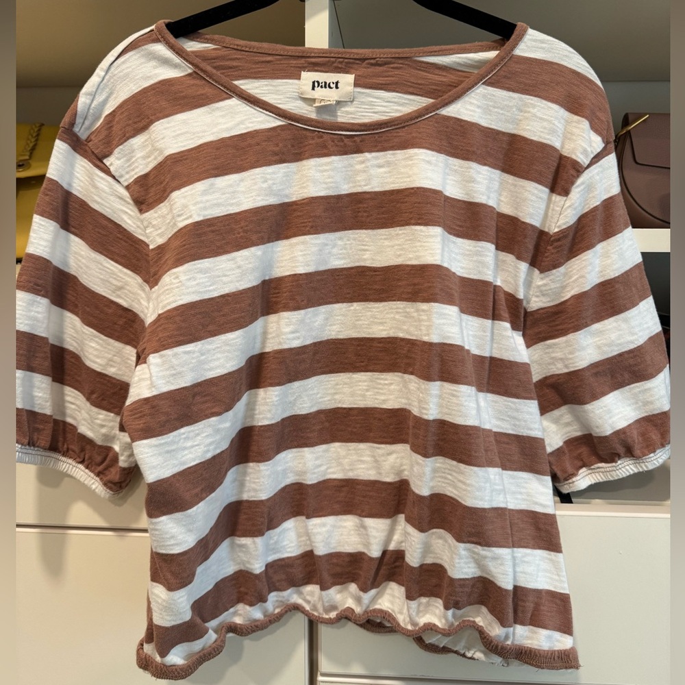 Pact Women's Short Sleeve Top in Brown and White Stripes